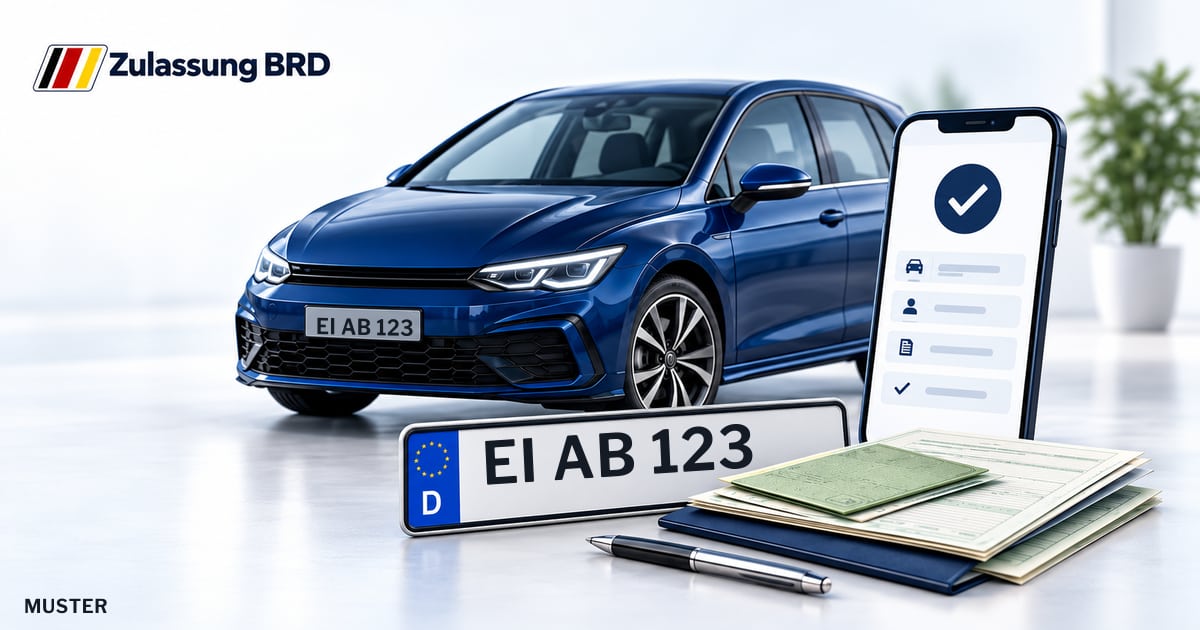 Online Fahrzeugzulassung in Lenting: Musterkennzeichen EI AB 123, Auto und Fahrzeugpapiere und Smartphone. Illustration mit Logo von Zulassung BRD.